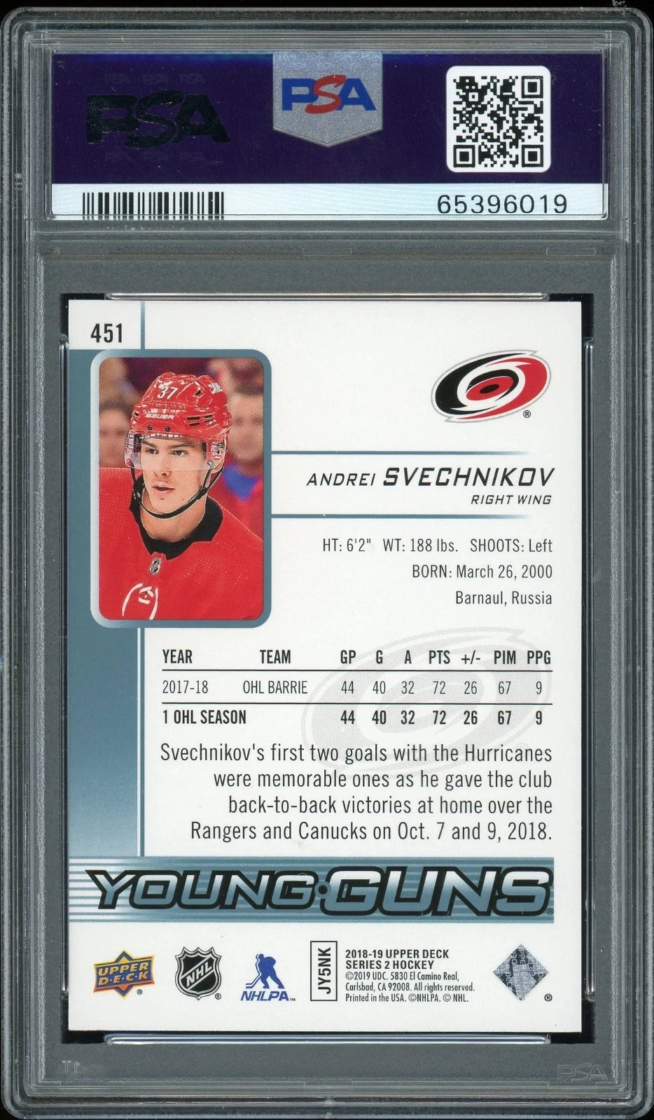 2018 Upper Deck #451 Andrei Svechnikov PSA 10 GEM MT