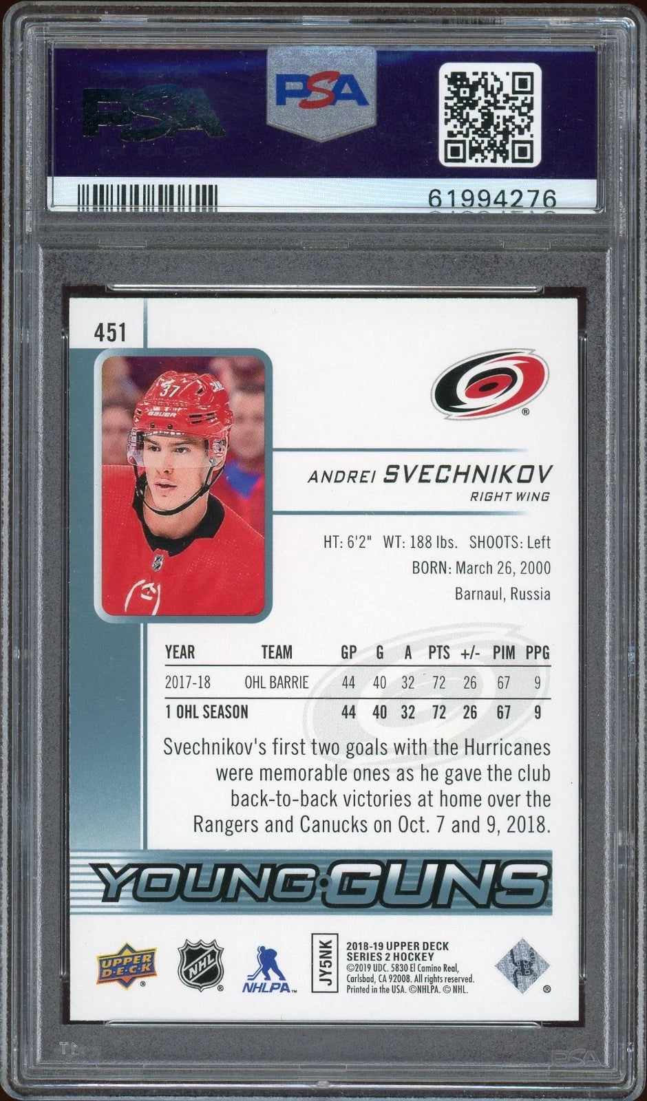 2018 Upper Deck #451 Andrei Svechnikov PSA 10 Gem MT