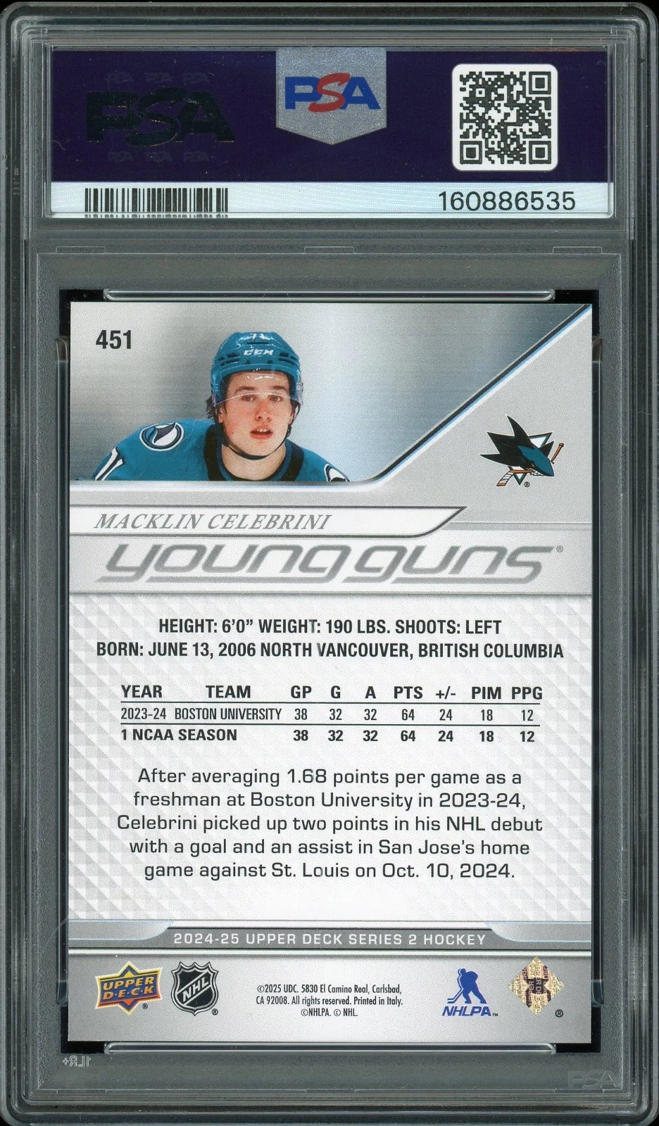 2024 Upper Deck #451 Macklin Celebrini PSA 9 Mint