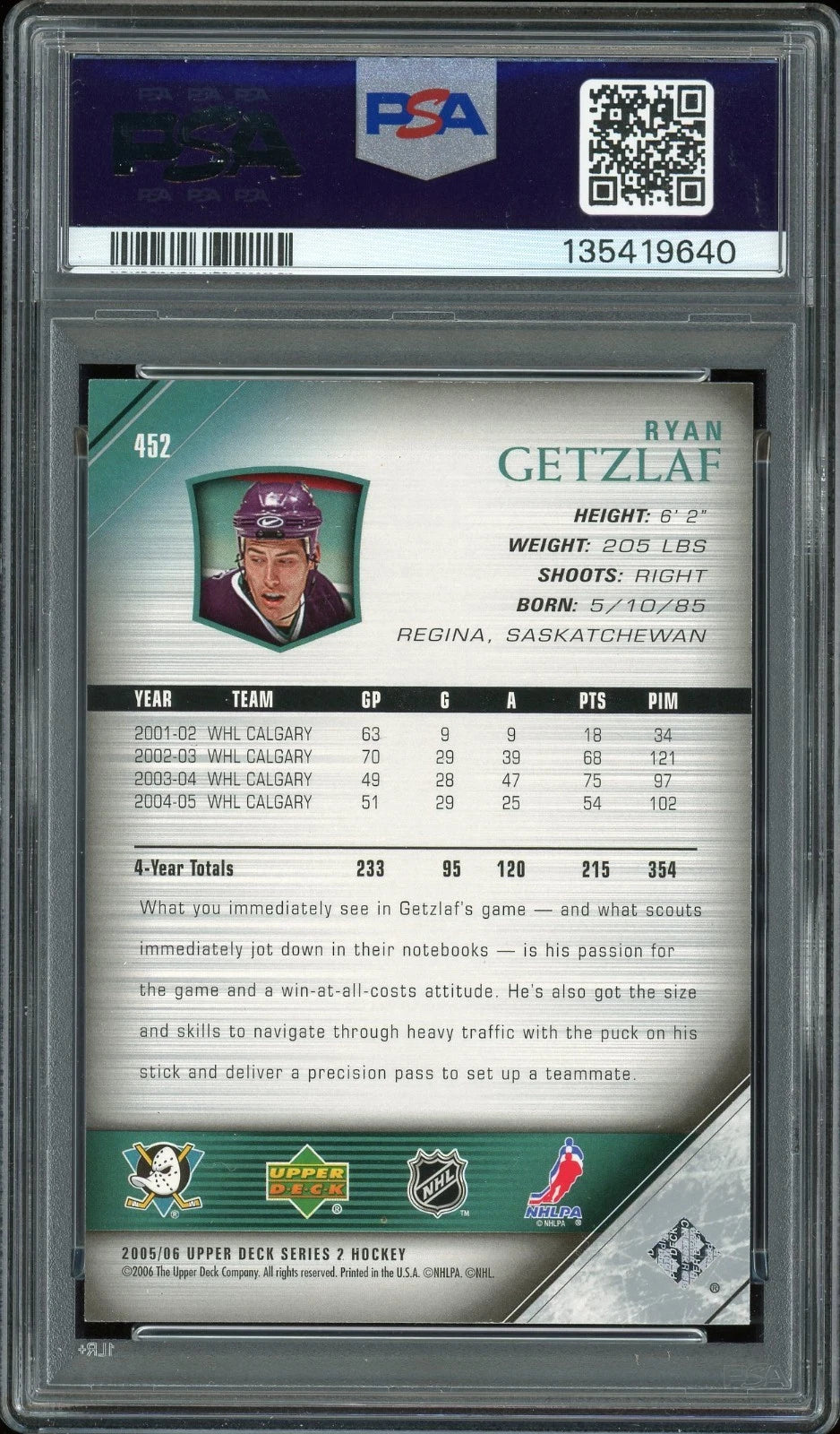 2005 Upper Deck #452 Ryan Getzlaf PSA 8 NM-MT