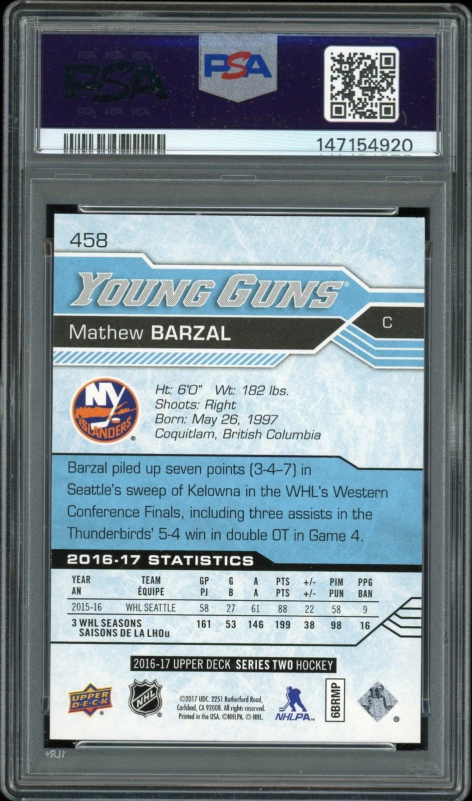 2016 Upper Deck #458 Mathew Barzal PSA 9 Mint