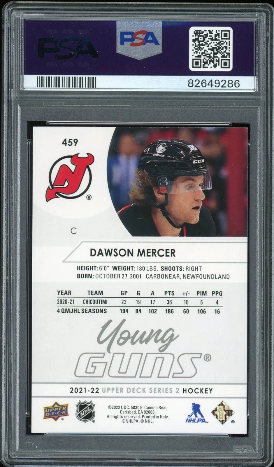 2021 Upper Deck #459 Dawson Mercer PSA 9 Mint