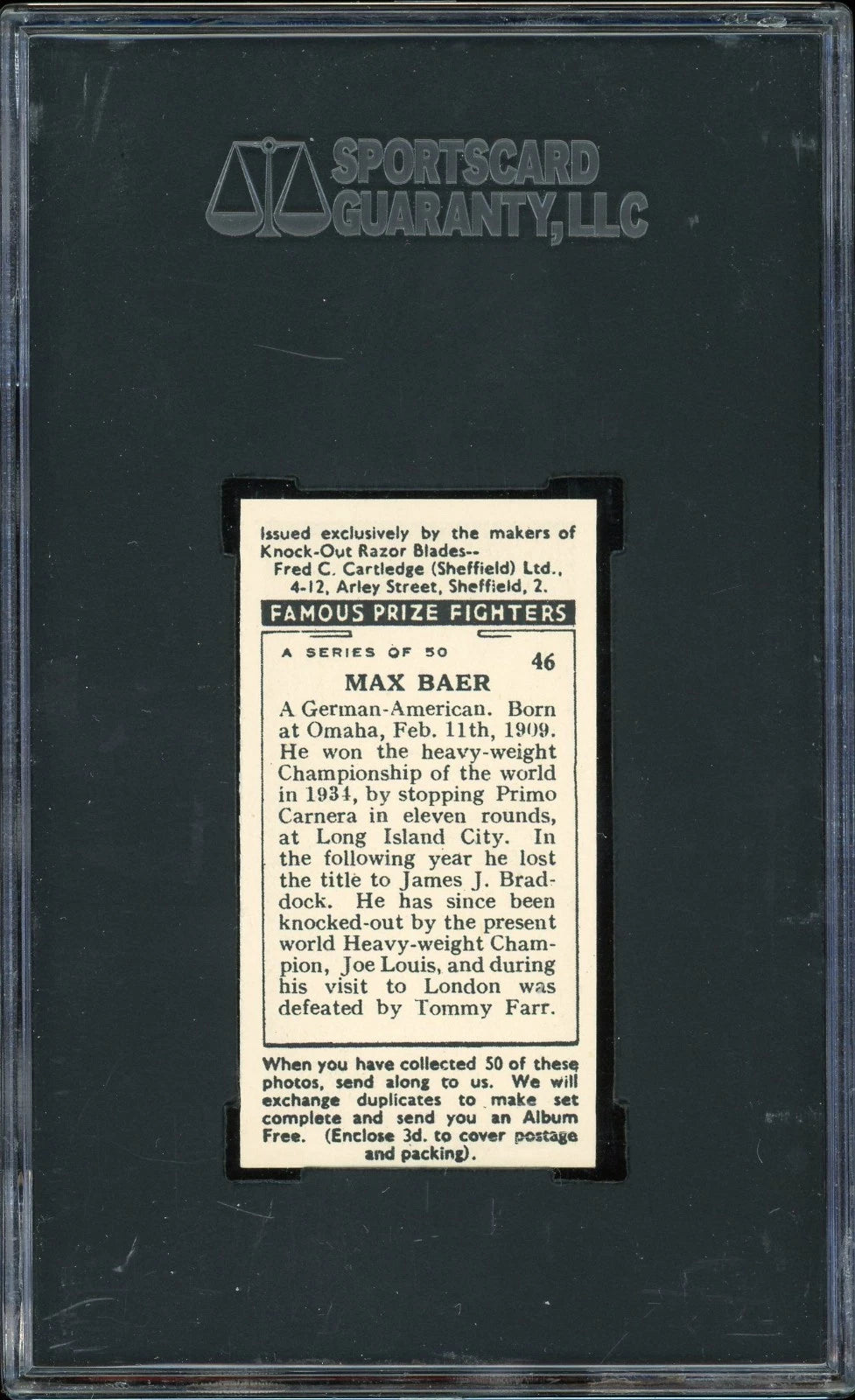 1938 F.C. Cartledge #46 Max Baer Famous Prize Fighters SGC 9 Mint