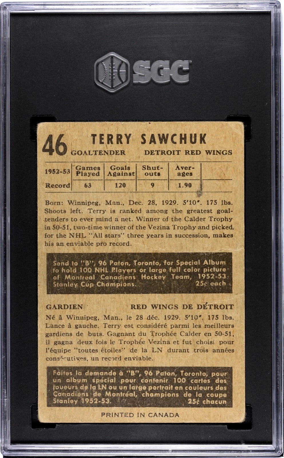 1953 Parkhurst #46 Terry Sawchuk SGC 1.5 Fair