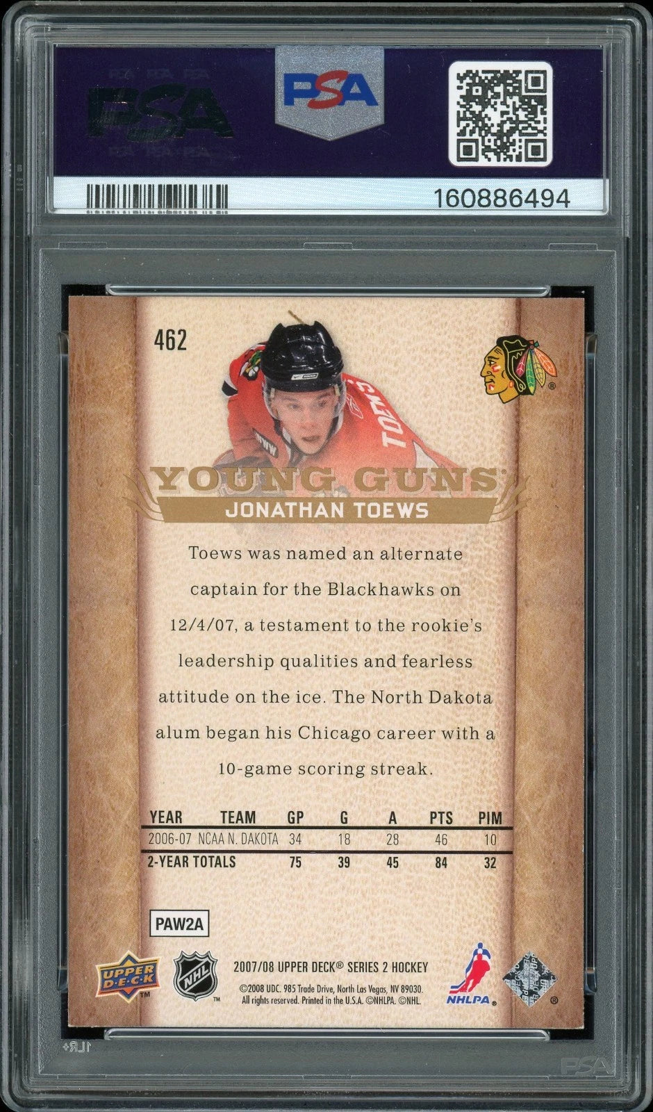 2007 Upper Deck #462 Jonathan Toews PSA 8 NM-MT