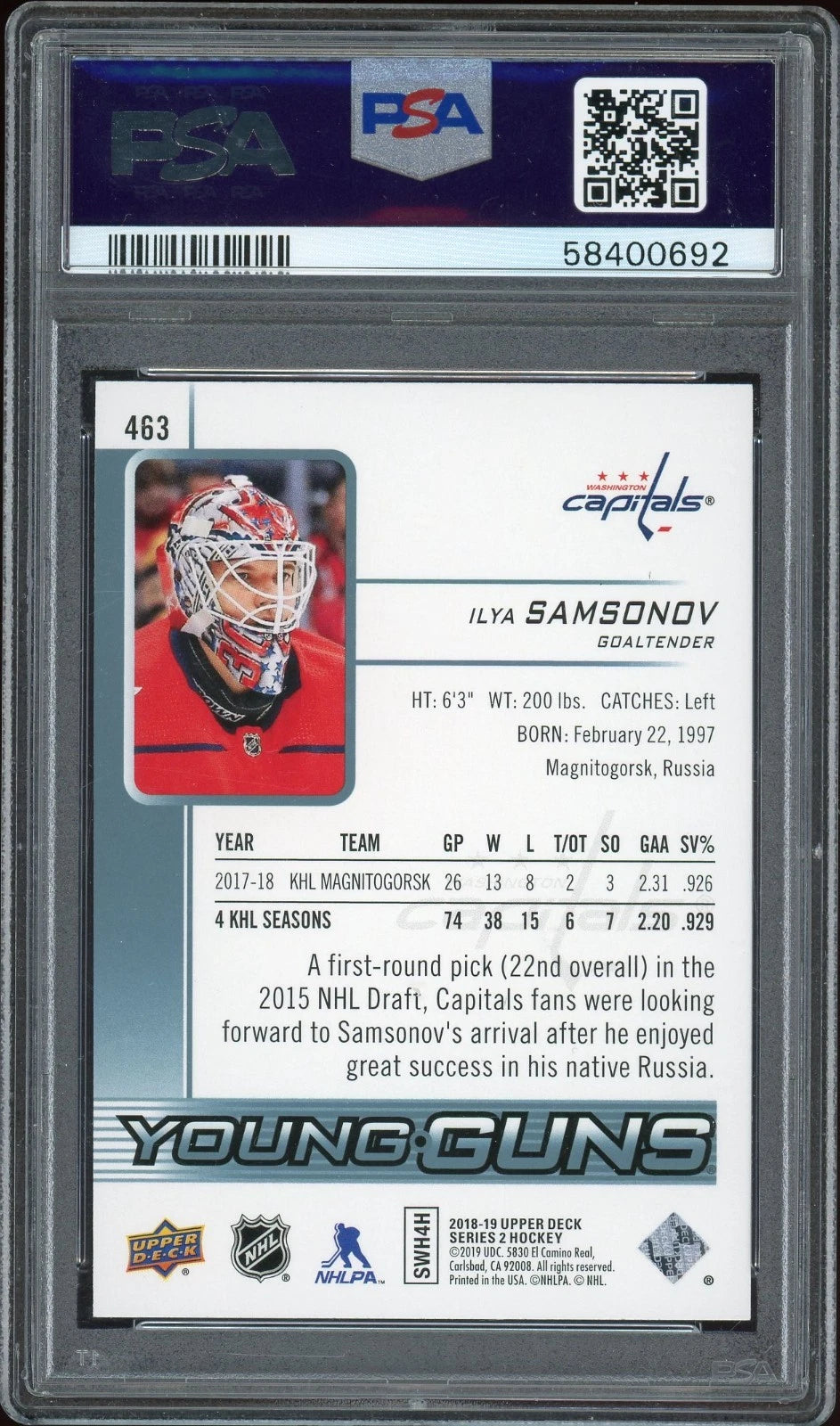 2018 Upper Deck #463 Ilya Samsonov PSA 10 GEM MT