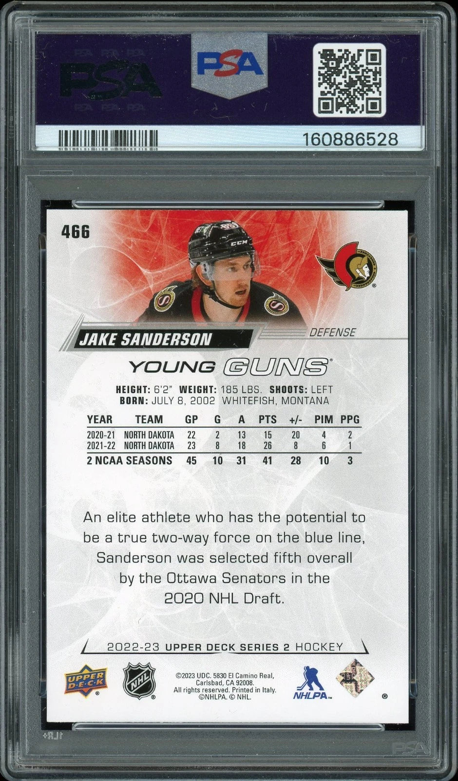 2022 Upper Deck #466 Jake Sanderson PSA 9 Mint