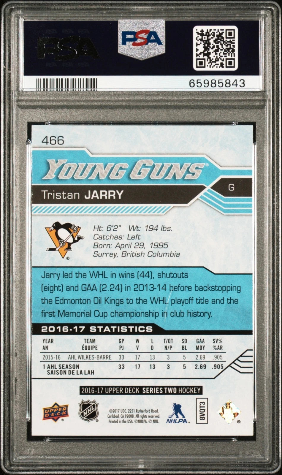 2016 Upper Deck #466 Tristan Jarry PSA 10 Gem MT