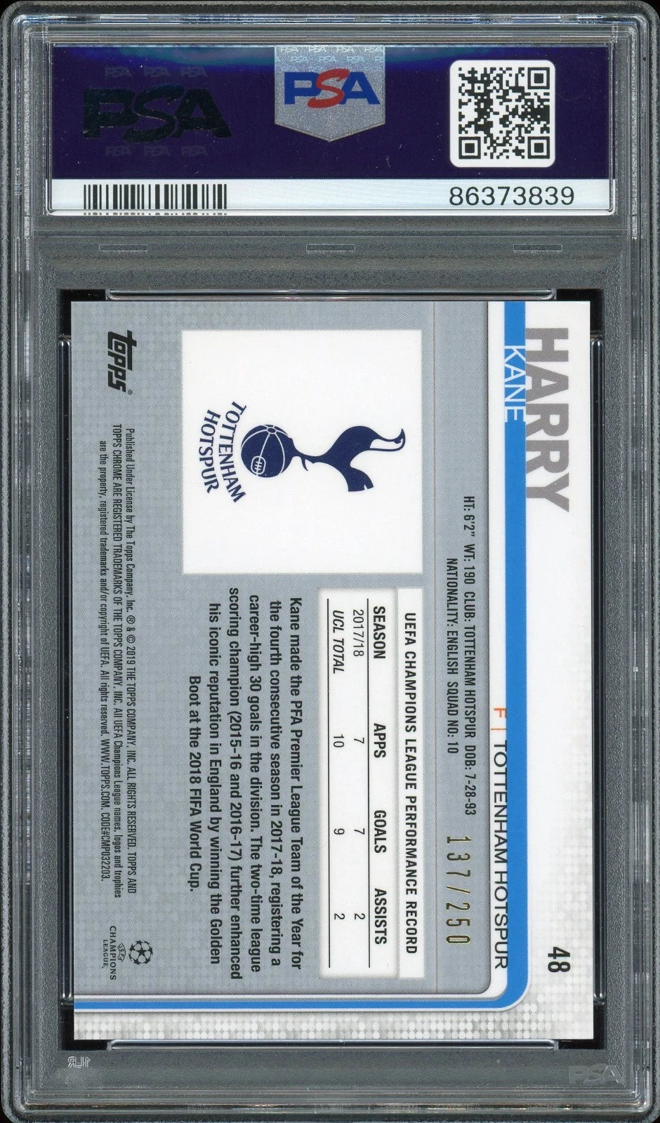 2018 Topps Chrome UCL #48 Harry Kane Running Purple Refractor PSA 9 Mint