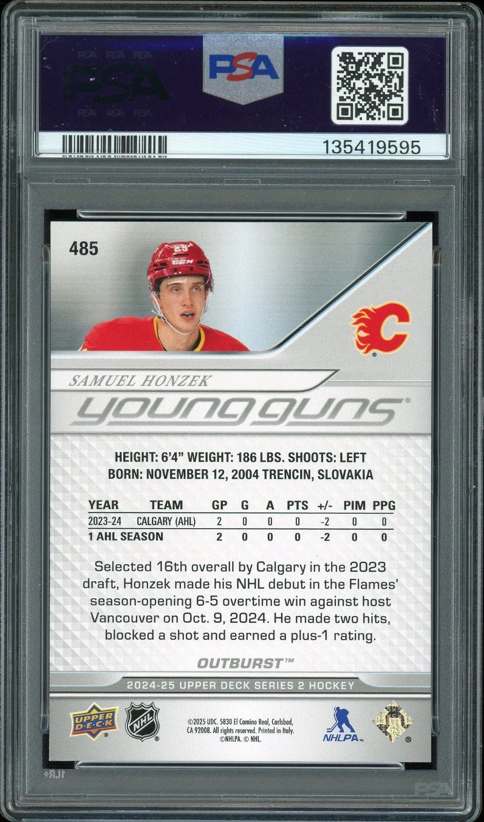 2024 Upper Deck #485 Samuel Honzek Outburst PSA 10 GEM MT
