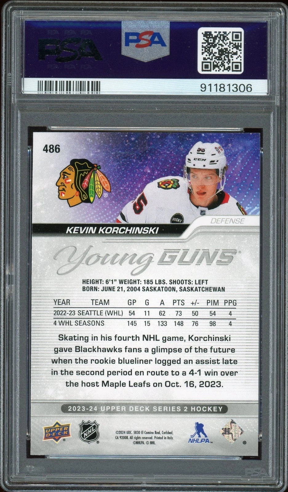 2023 Upper Deck #486 Kevin Korchinski PSA 9 Mint