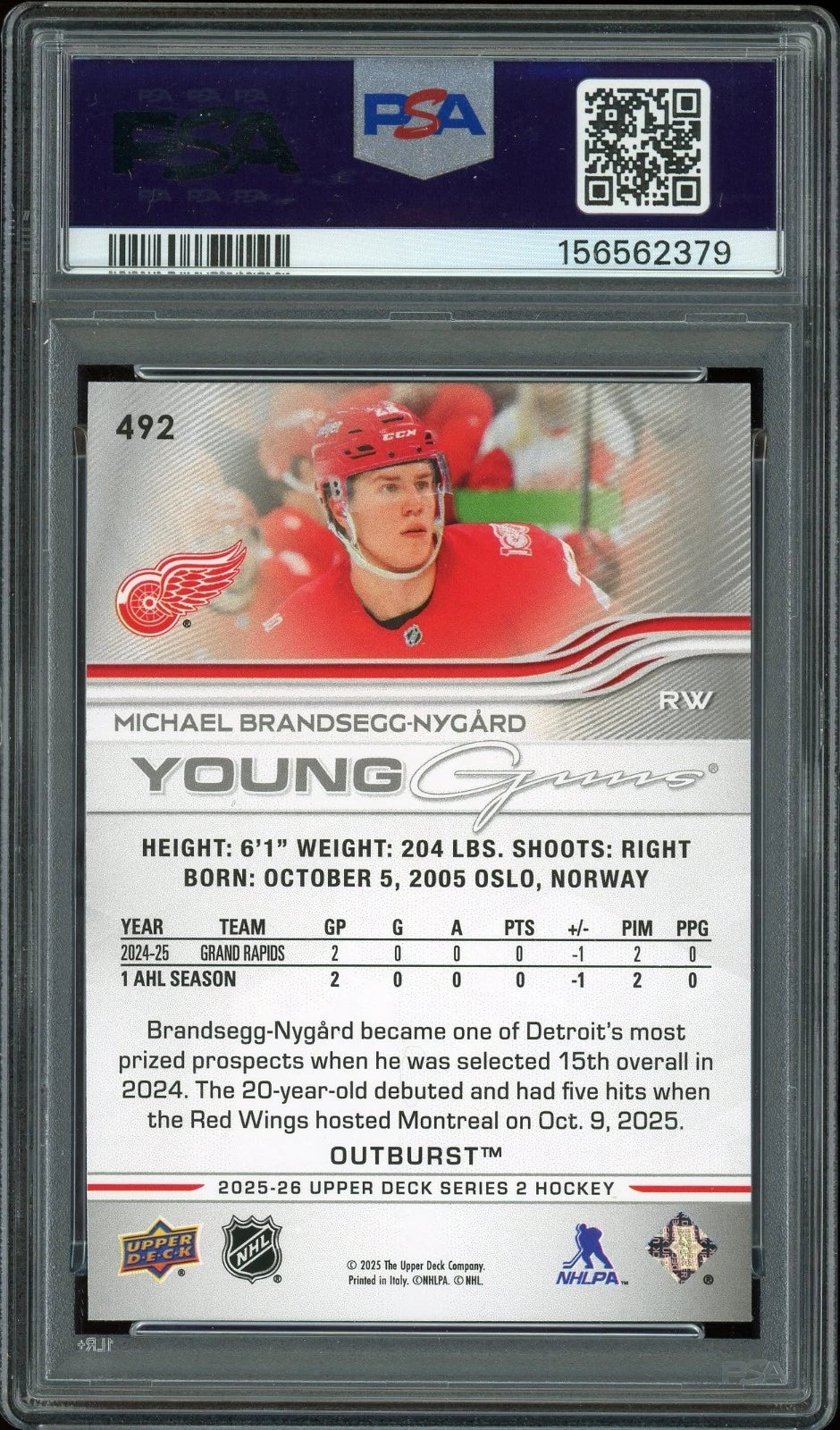 2025 Upper Deck #492 Michael Brandsegg-Nygard Ouburst PSA 10 GEM MT