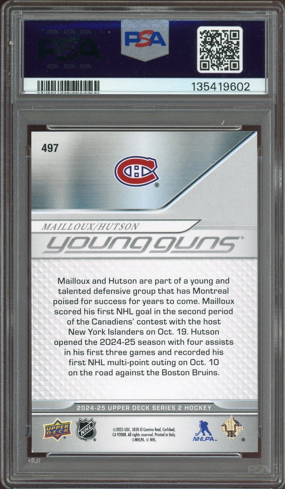 2024 Upper Deck #497 Mailloux / Hutson PSA 9 Mint
