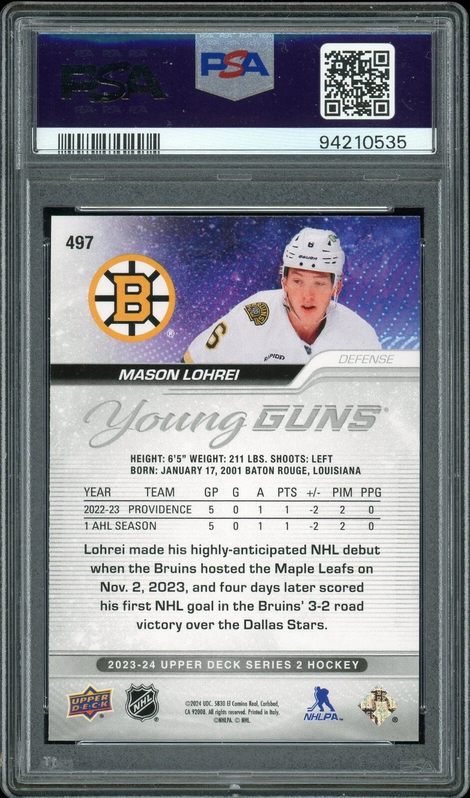 2023 Upper Deck #497 Mason Lohrei PSA 10 GEM MT