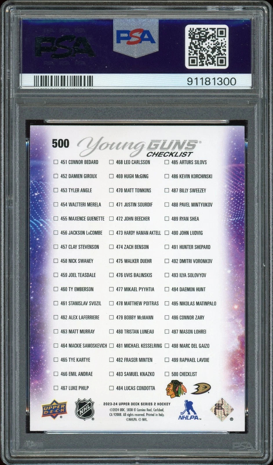 2023 Upper Deck #500 Bedard / Carlsson PSA 9 Mint