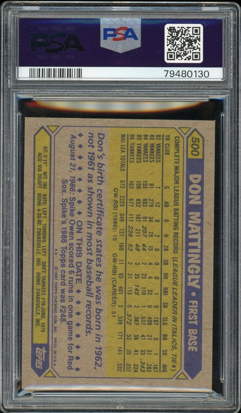 1987 Topps #500 Don Mattingly PSA 9 Mint
