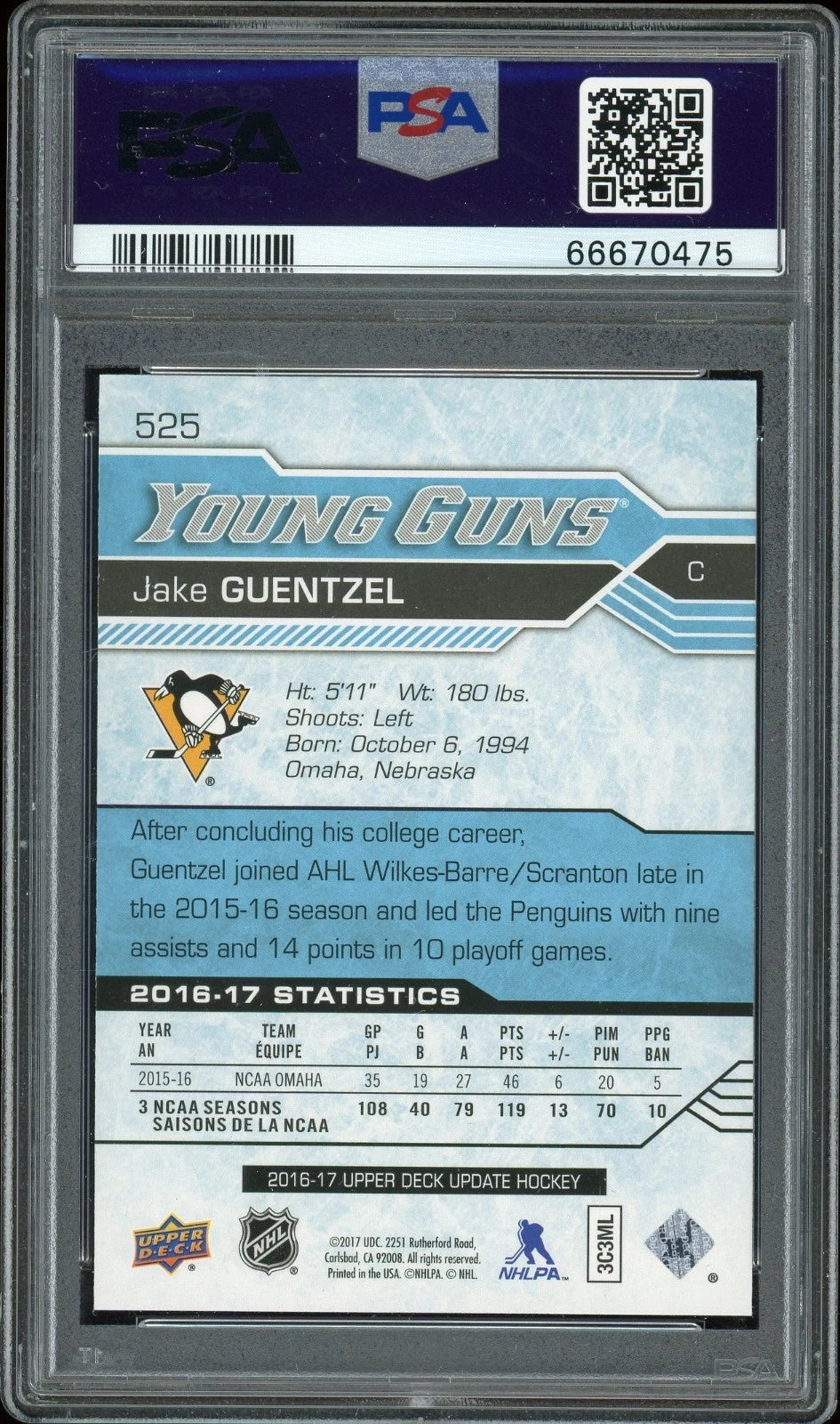 2016 SP Authentic #525 Jake Guentzel Upper Deck Update PSA 9 Mint