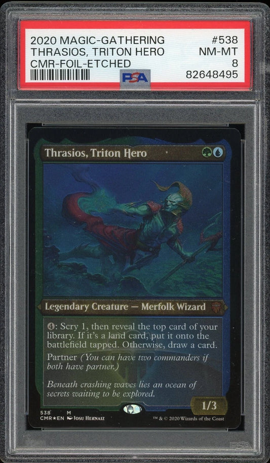 2020 Commander Legends #538 Thrasios, Triton Hero Foil Etched PSA 8 NM-MT