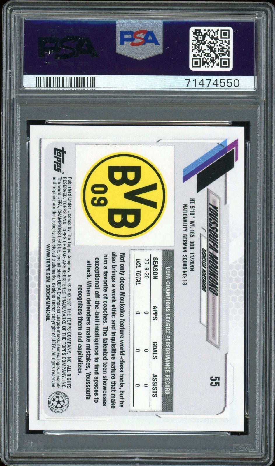 2020 Topps Chrome UCL #55 Youssoufa Moukoko PSA 10