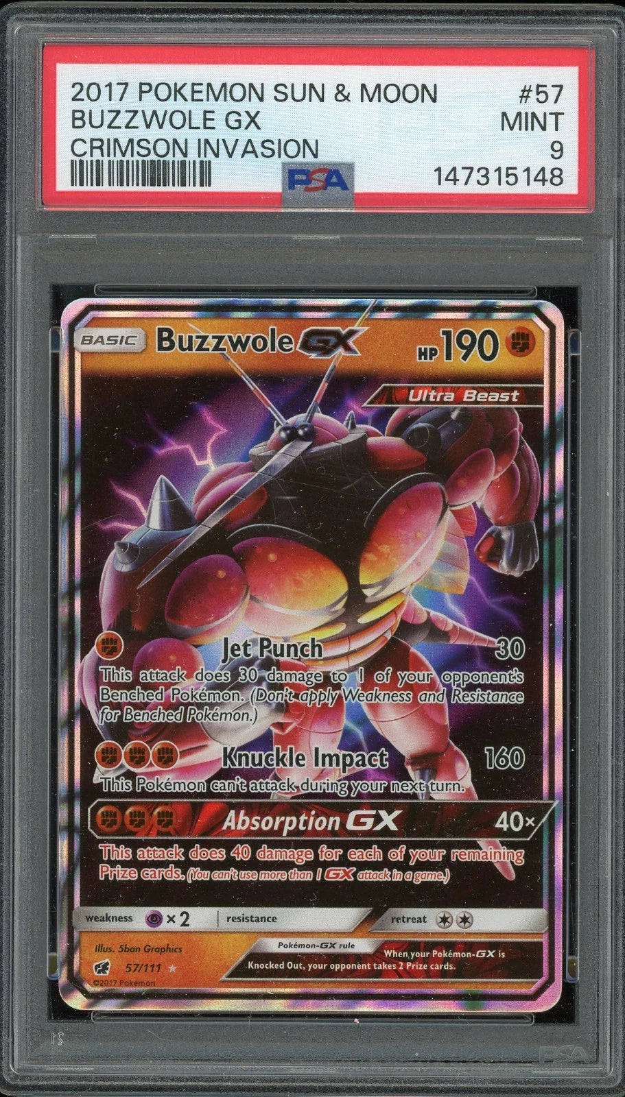 2017 Pokémon Sun & Moon #57 Buzzwole GX Crimson Invasion PSA 9 Mint