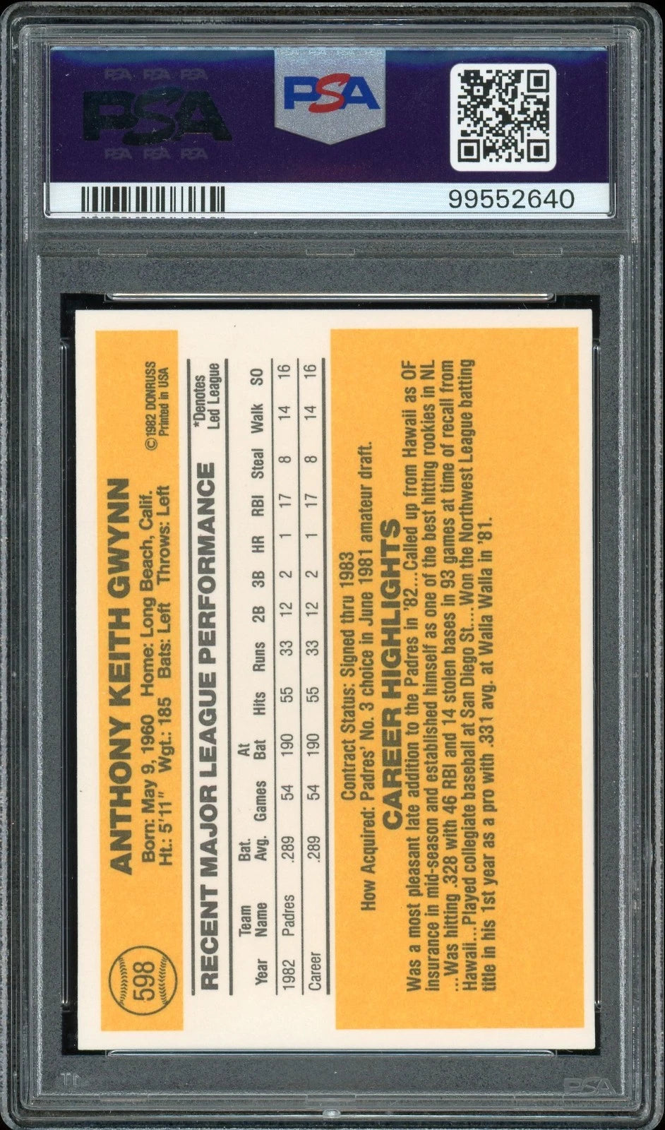 1983 Donruss #598 Tony Gwynn PSA 9 Mint