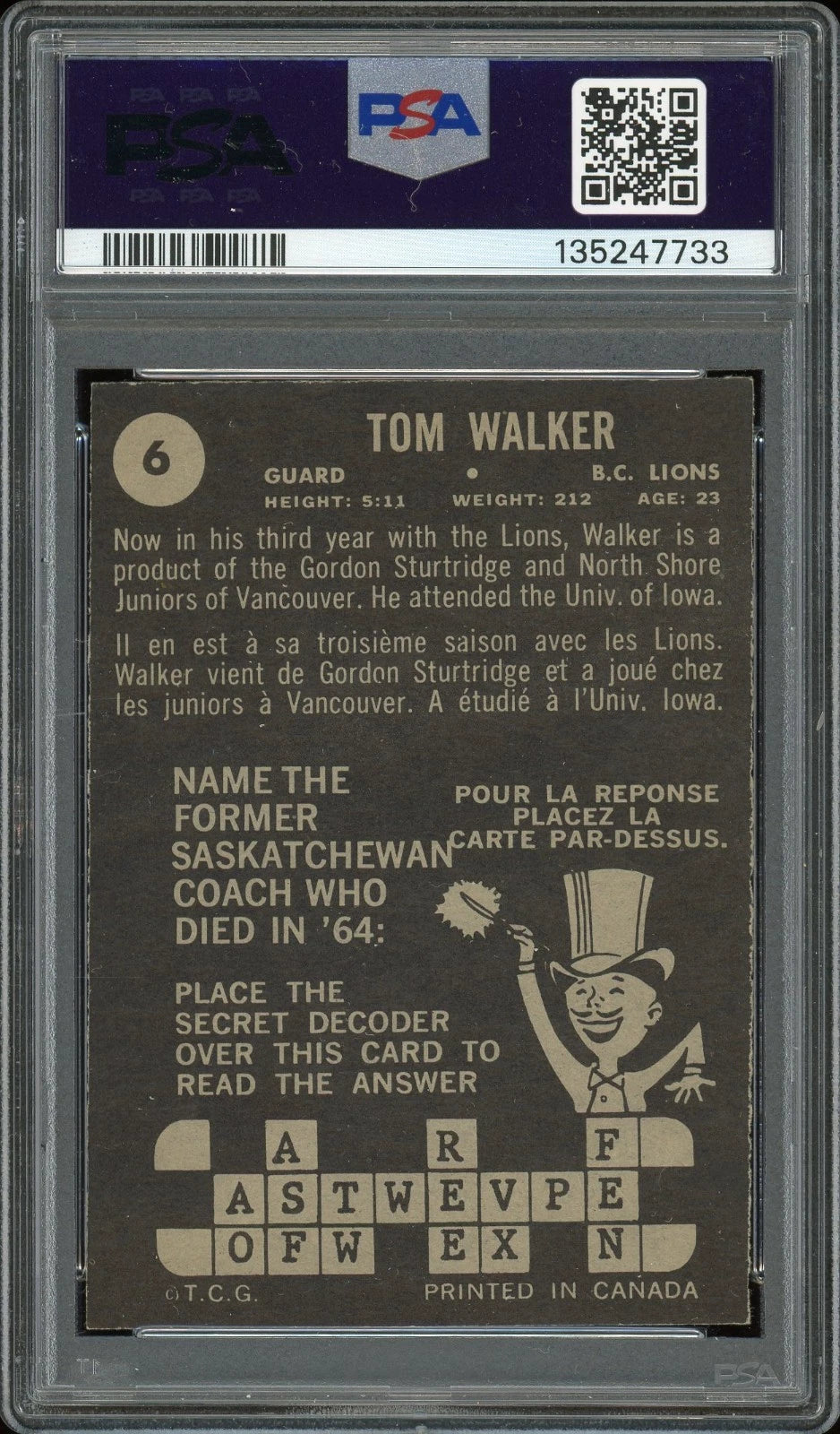 1964 Topps CFL #6 Tom Walker PSA 4 VG-EX