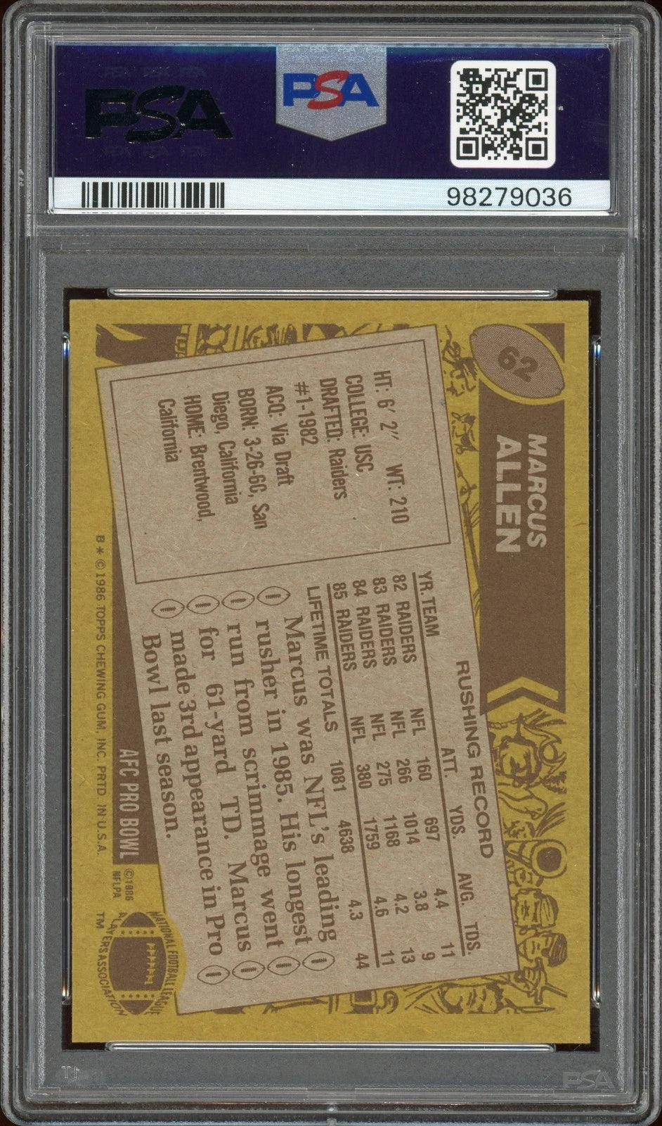 1986 Topps #62 Marcus Allen PSA 9 Mint