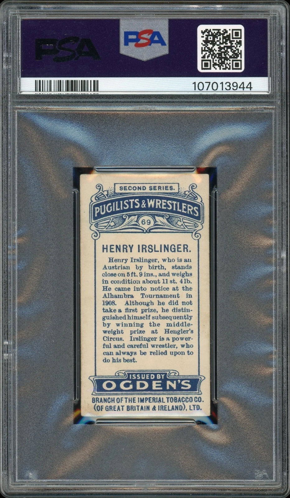 1909 Ogden's LTD #69 Henry Irslinger Pugilists & Wrestlers PSA 2 GOOD