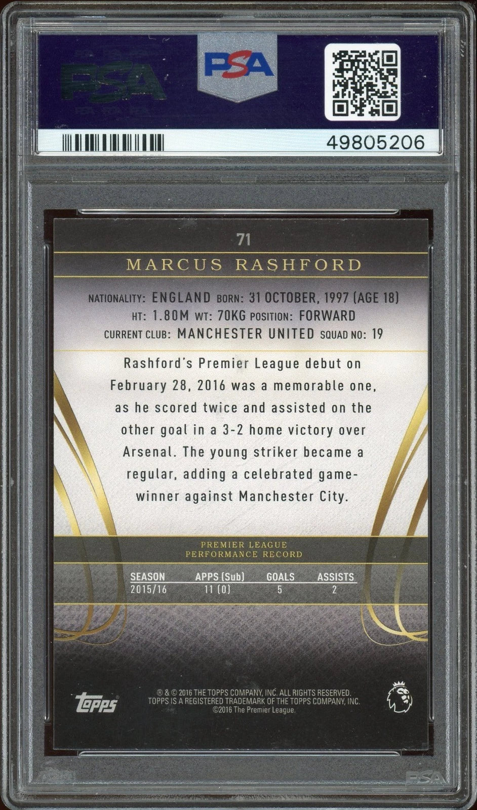 2016 Topps Premier Gold #71 Marcus Rashford PSA 10 GEM MT