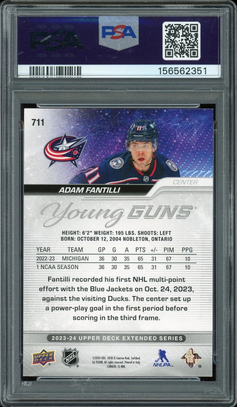 2023 Upper Deck #711 Adam Fantilli PSA 10 GEM MT