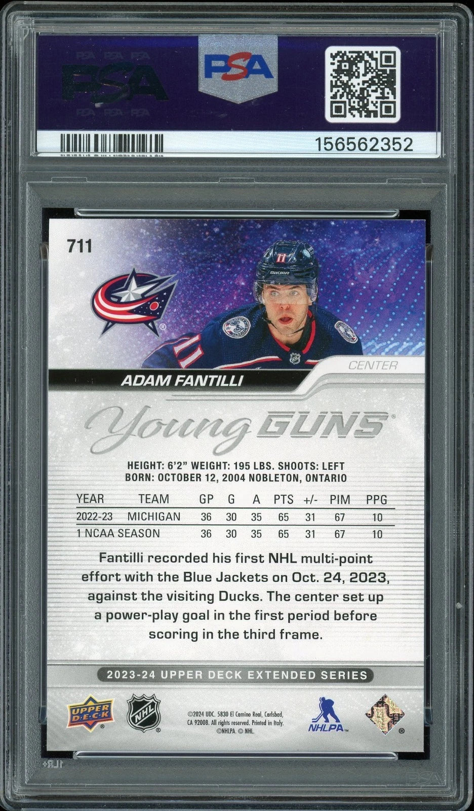 2023 Upper Deck #711 Adam Fantilli PSA 10 GEM MT