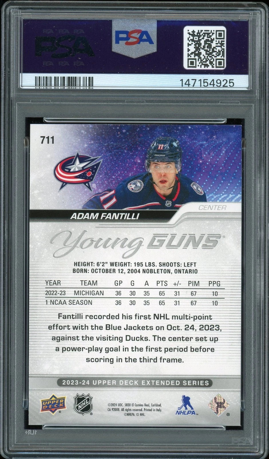 2023 Upper Deck #711 Adam Fantilli PSA 9 Mint
