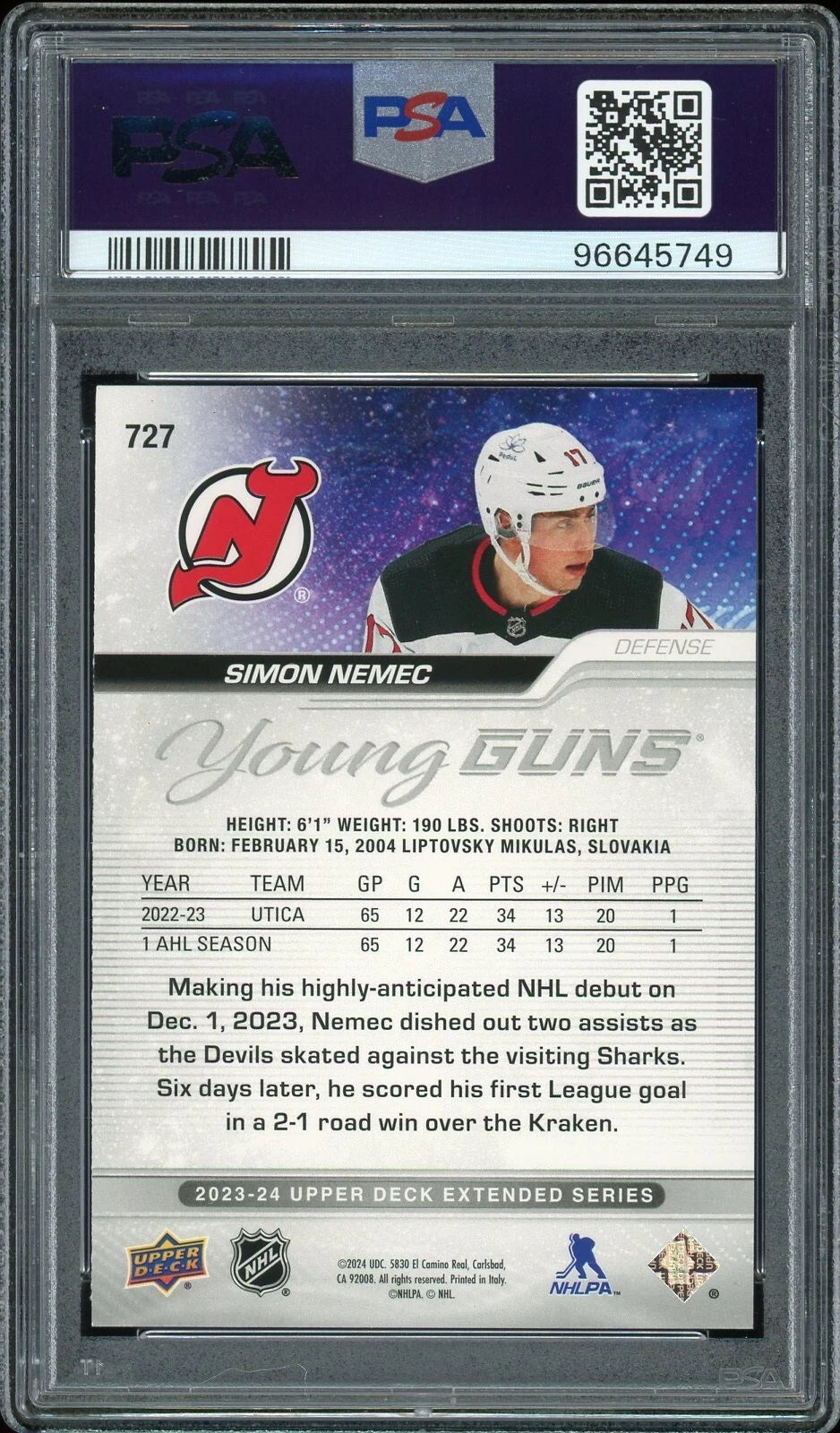 2023 Upper Deck #727 Simon Nemec PSA 9 Mint