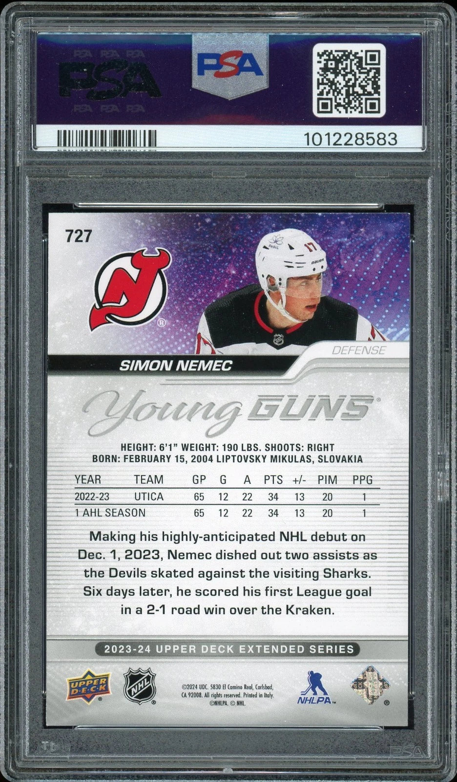 2023 Upper Deck #727 Simon Nemec PSA 9 Mint