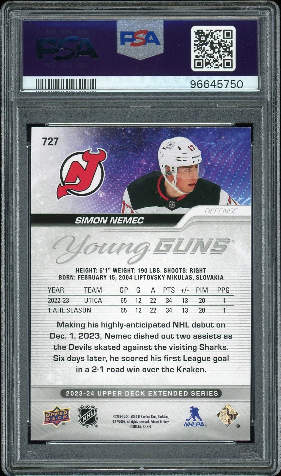 2023 Upper Deck #727 Simon Nemec Outburst PSA 9 Mint