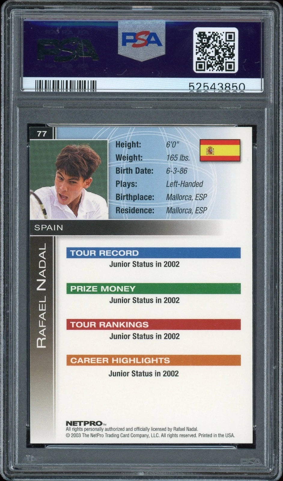 2003 Netpro #77 Rafael Nadal International Series PSA 10 GEM MT