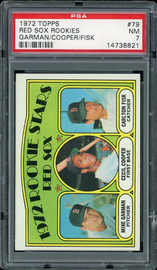 1972 Topps #79 Red Sox Rookies Carlton Fisk Cecil Cooper Mike Garman PSA 7 NM
