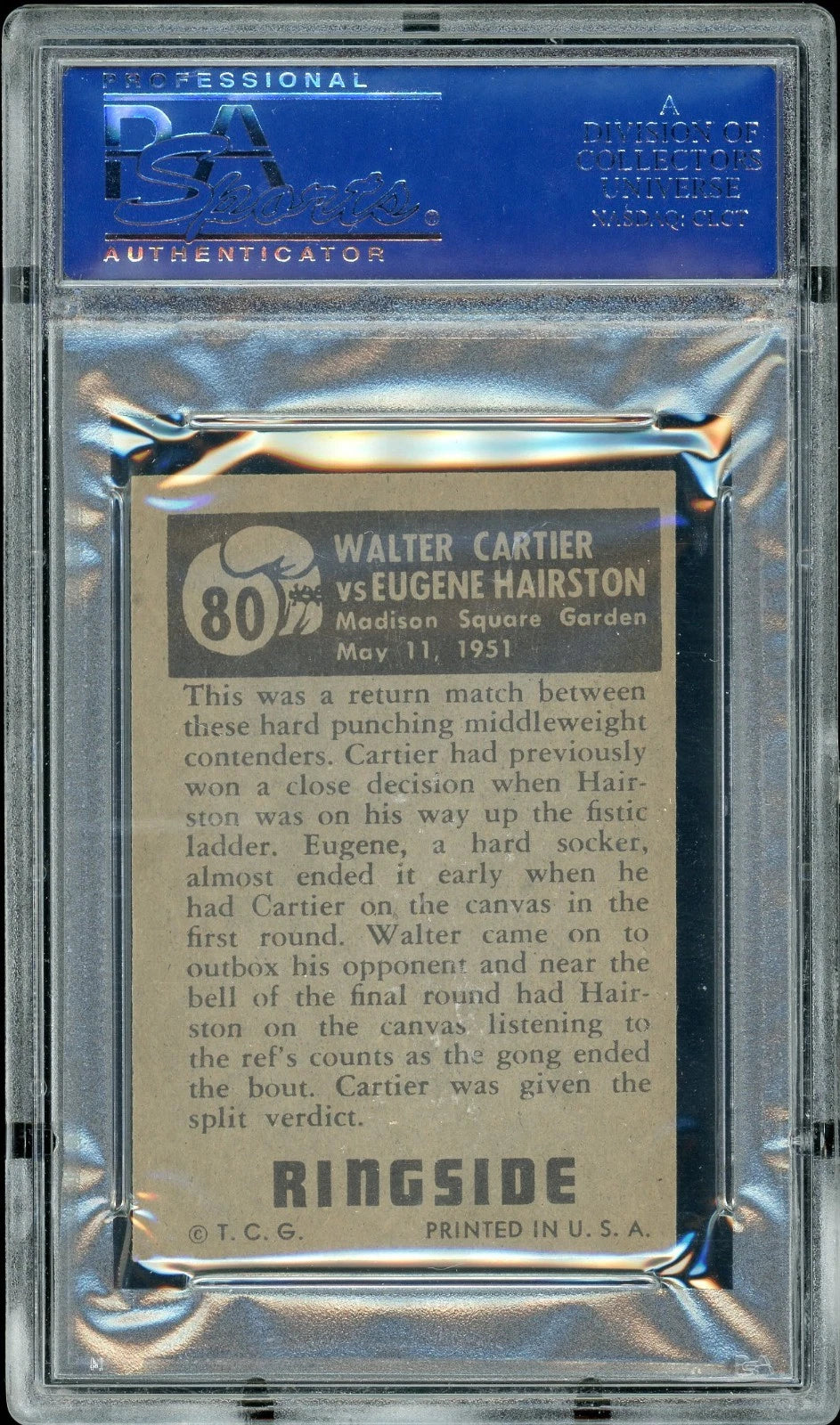 1951 Topps Ringside #80 Walter Cartier Vs. Eugene Hairston PSA 7 OC NM