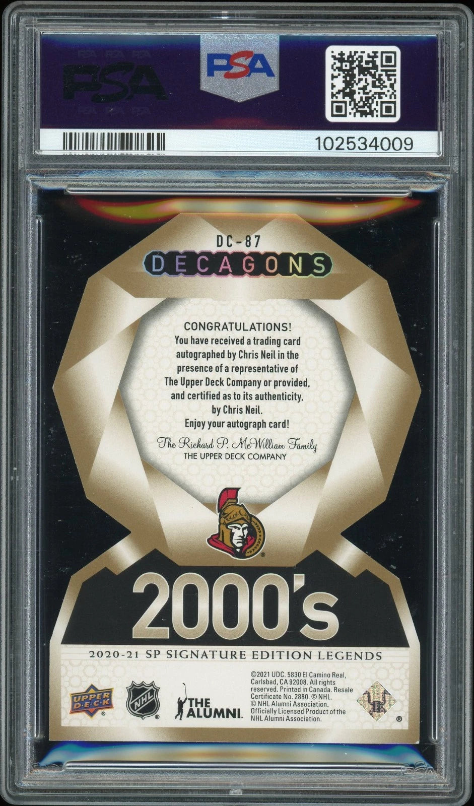2020 SP Signature Legends #87 Chris Neil Deacagons Autograph PSA 5 EX