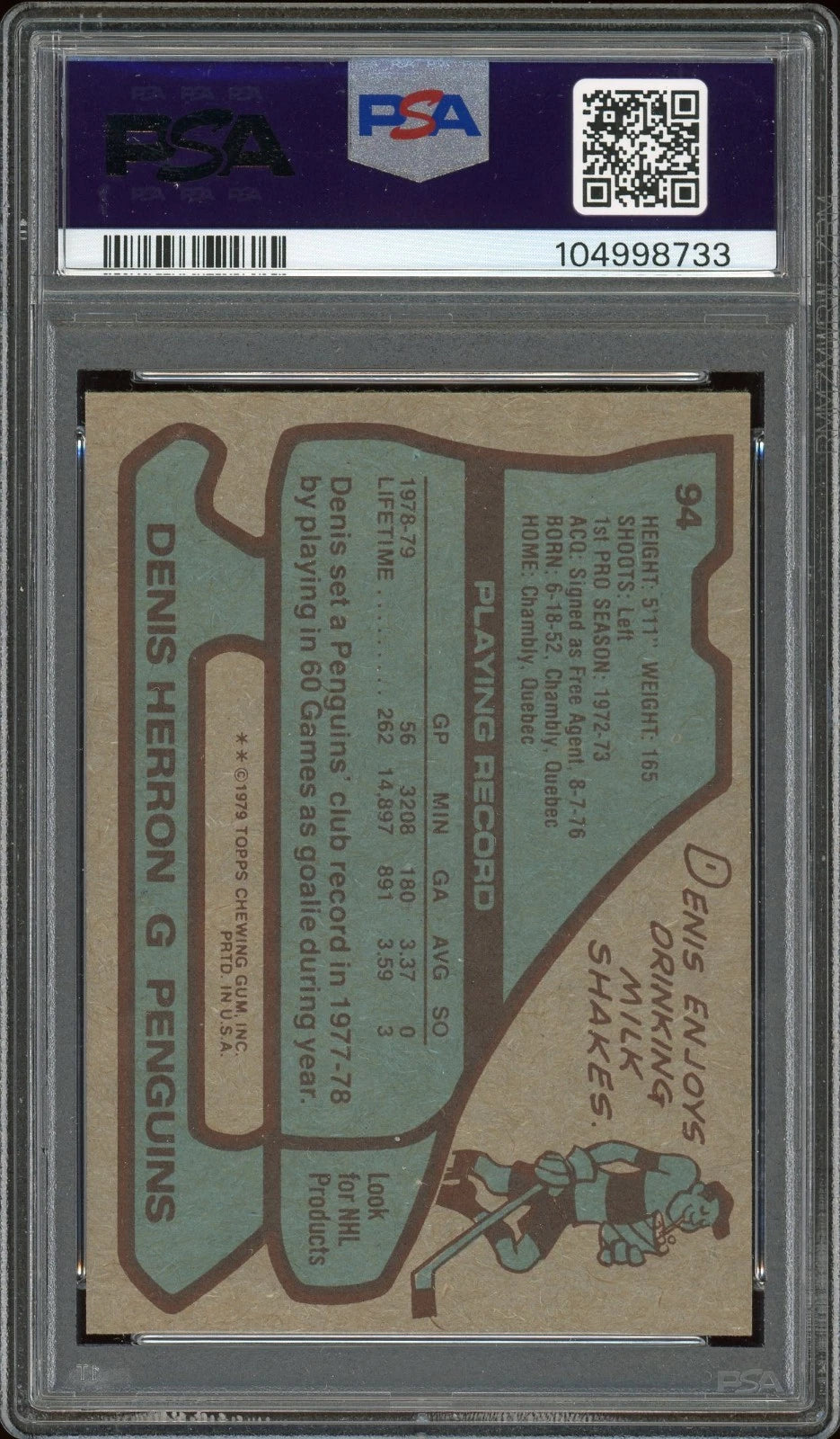 1979 Topps #94 Denis Herron PSA 8