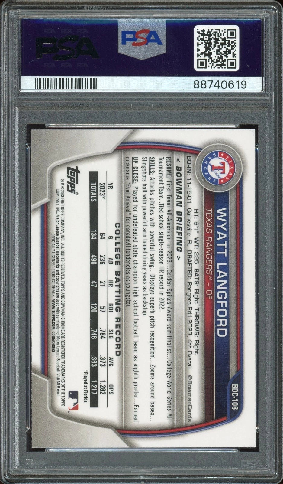 2023 Bowman Draft #BDC106 Wyatt Langford Chrome PSA 10 GEM MT