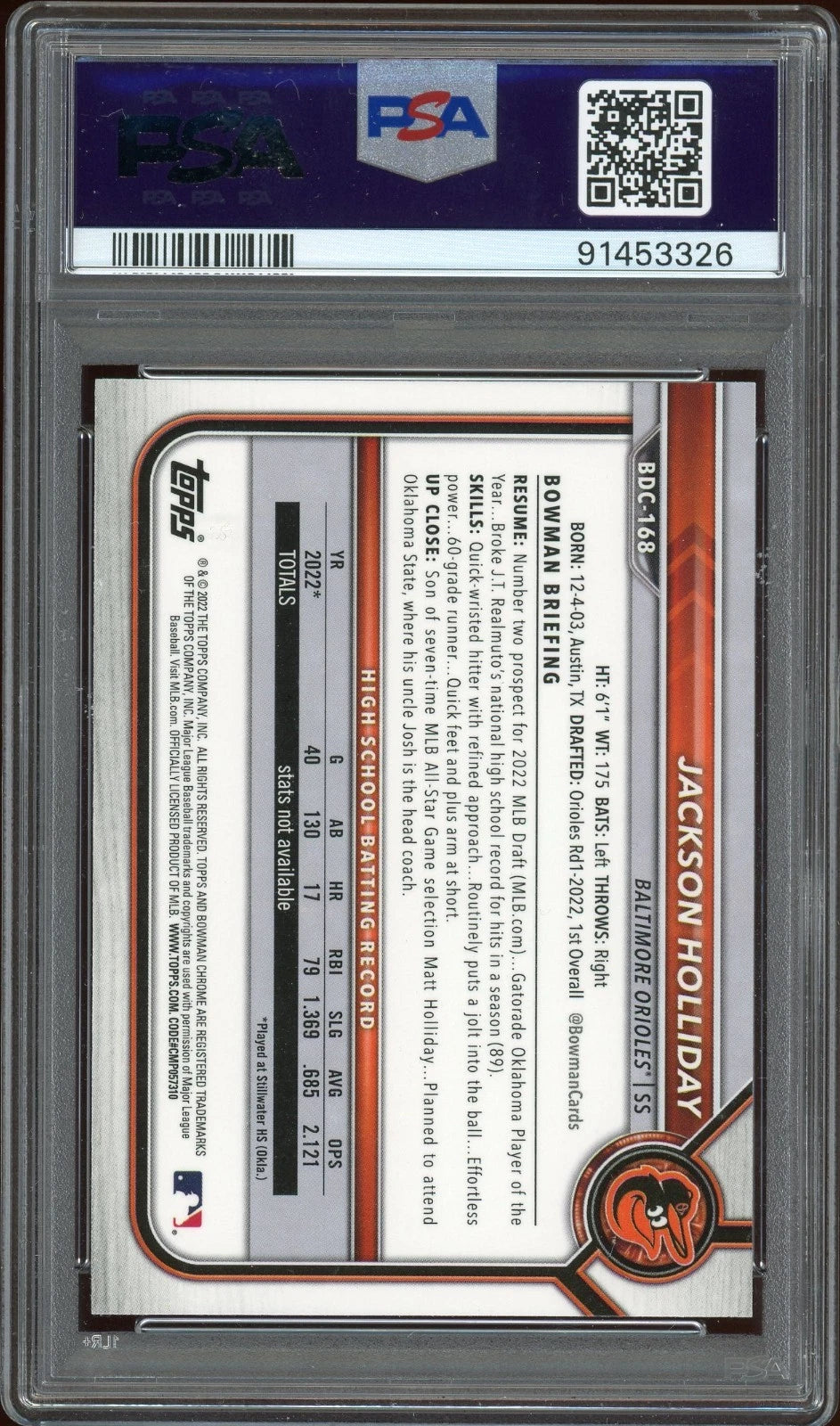 2022 Bowman Draft #BDC168 Jackson Holliday Chrome PSA 9 Mint