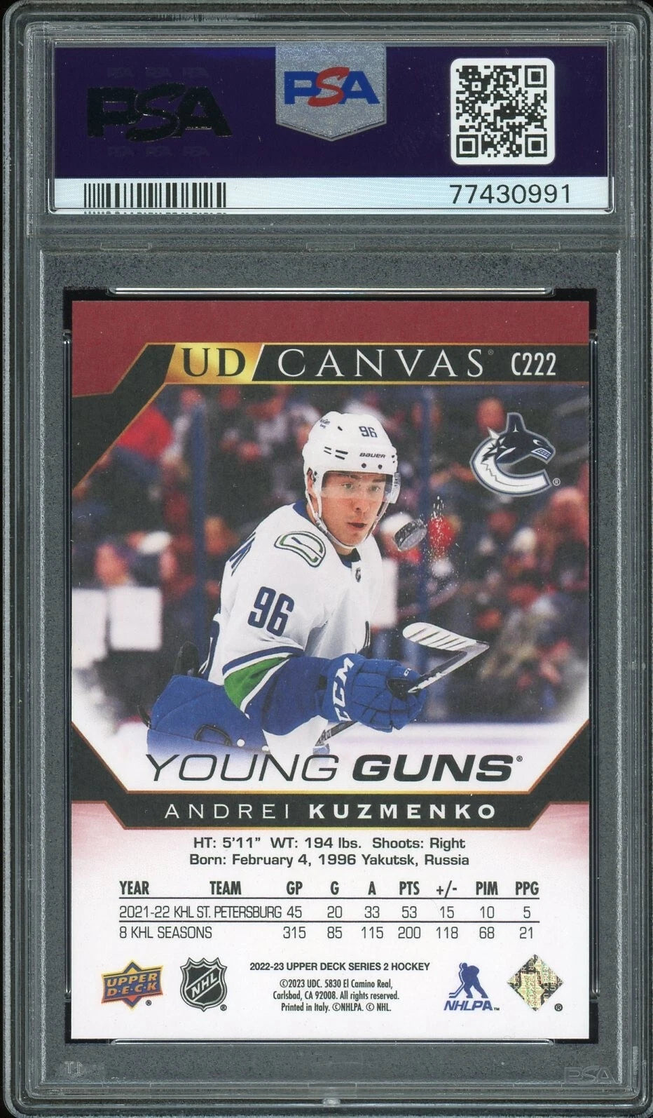 2022 Upper Deck #C222 Andrei Kuzmenko UD Canvas PSA 10 GEM MT