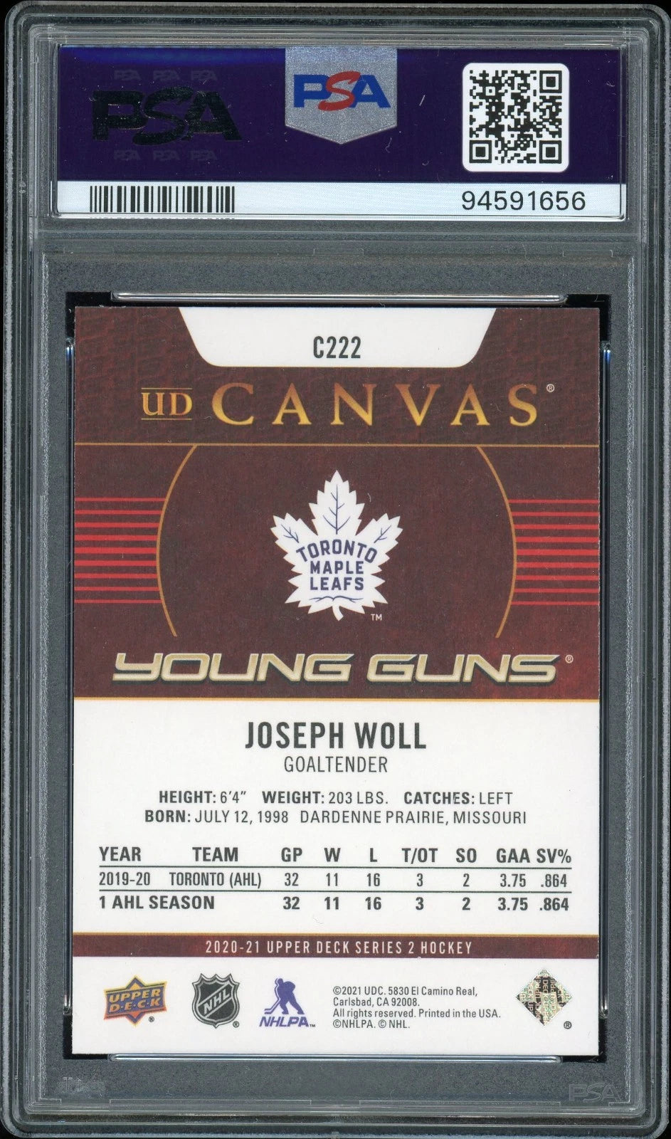 2020 Upper Deck #C222 Joseph Woll UD Canvas PSA 10 GEM MT