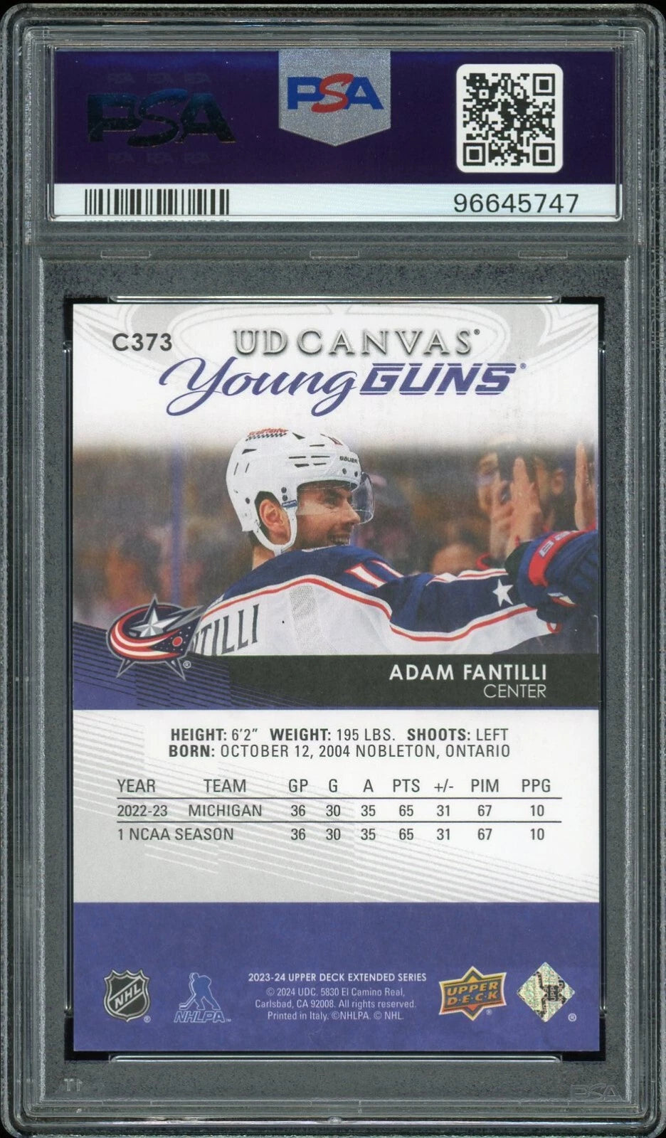 2023 Upper Deck #C373 Adam Fantilli UD Canvas PSA 9 mint