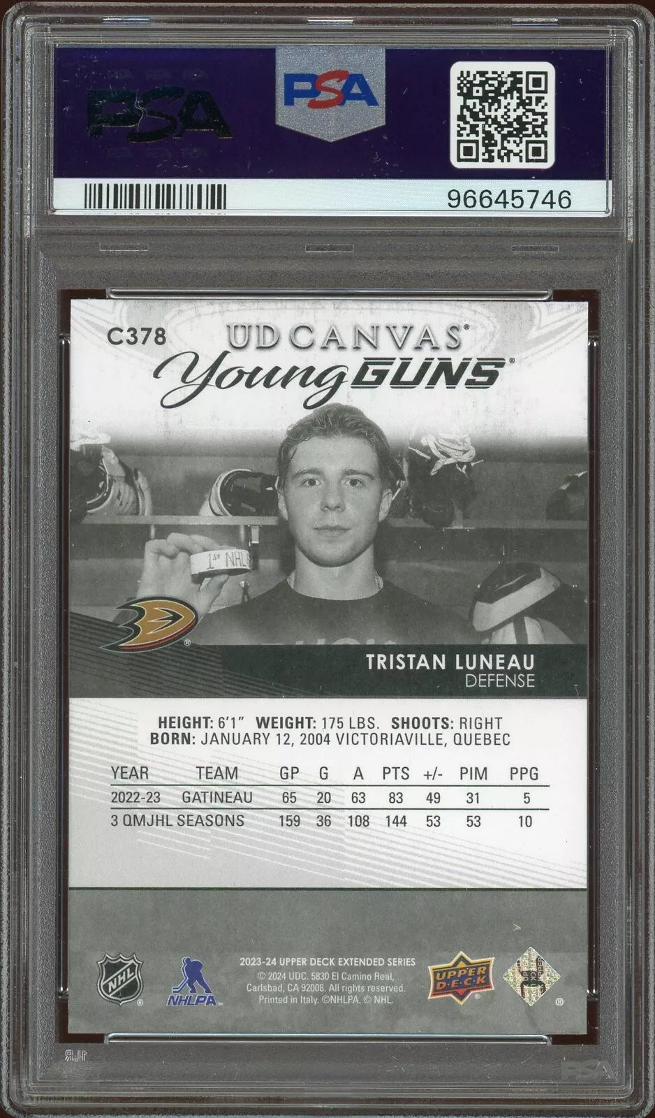 2023 Upper Deck #378 Tristan Luneau UD Canvas Black & White PSA 10 GEM MT