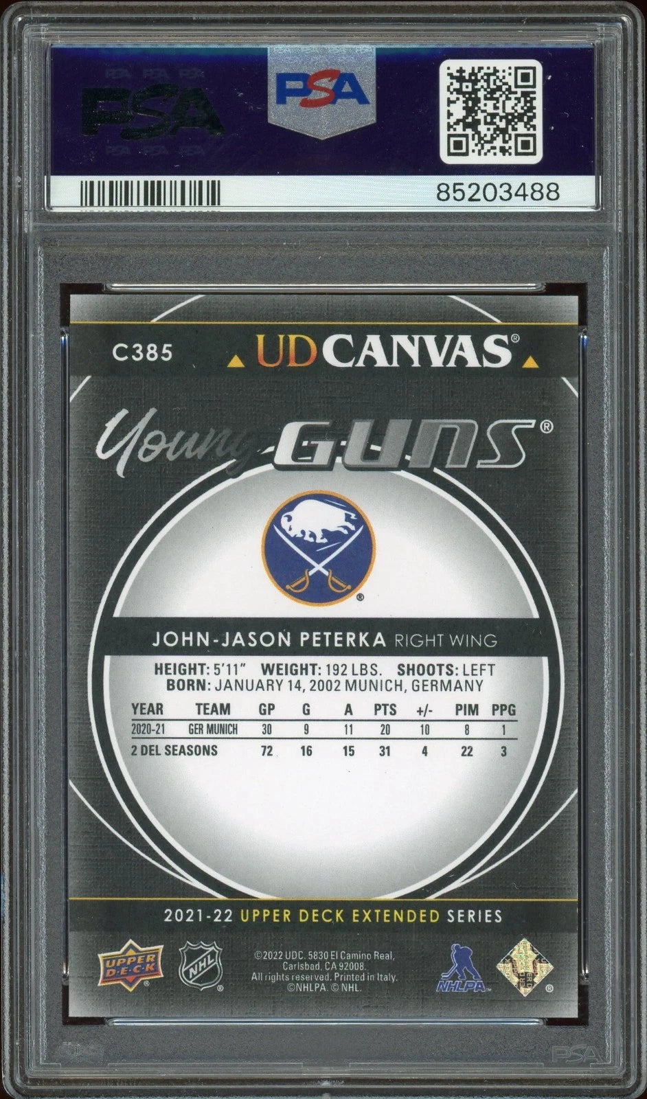 2021 Upper Deck #C385 John-Jason Peterka UD Canvas Black PSA 10 GEM MT