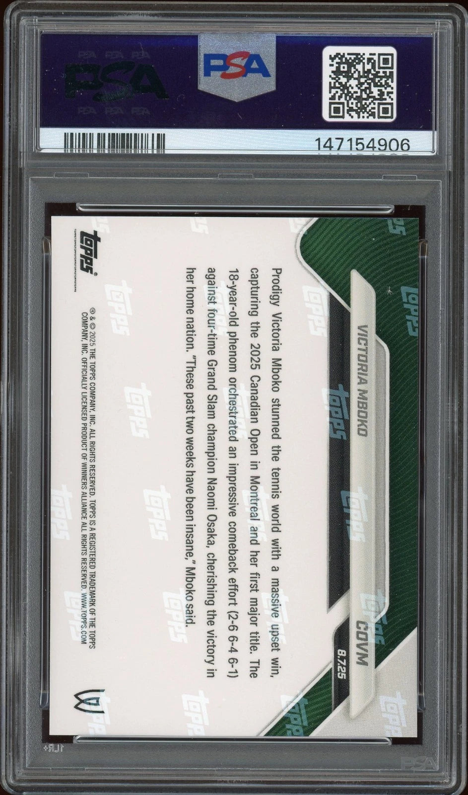 2025 Topps Now Tennis #COVM Victoria Mboko PSA 10 GEM MT