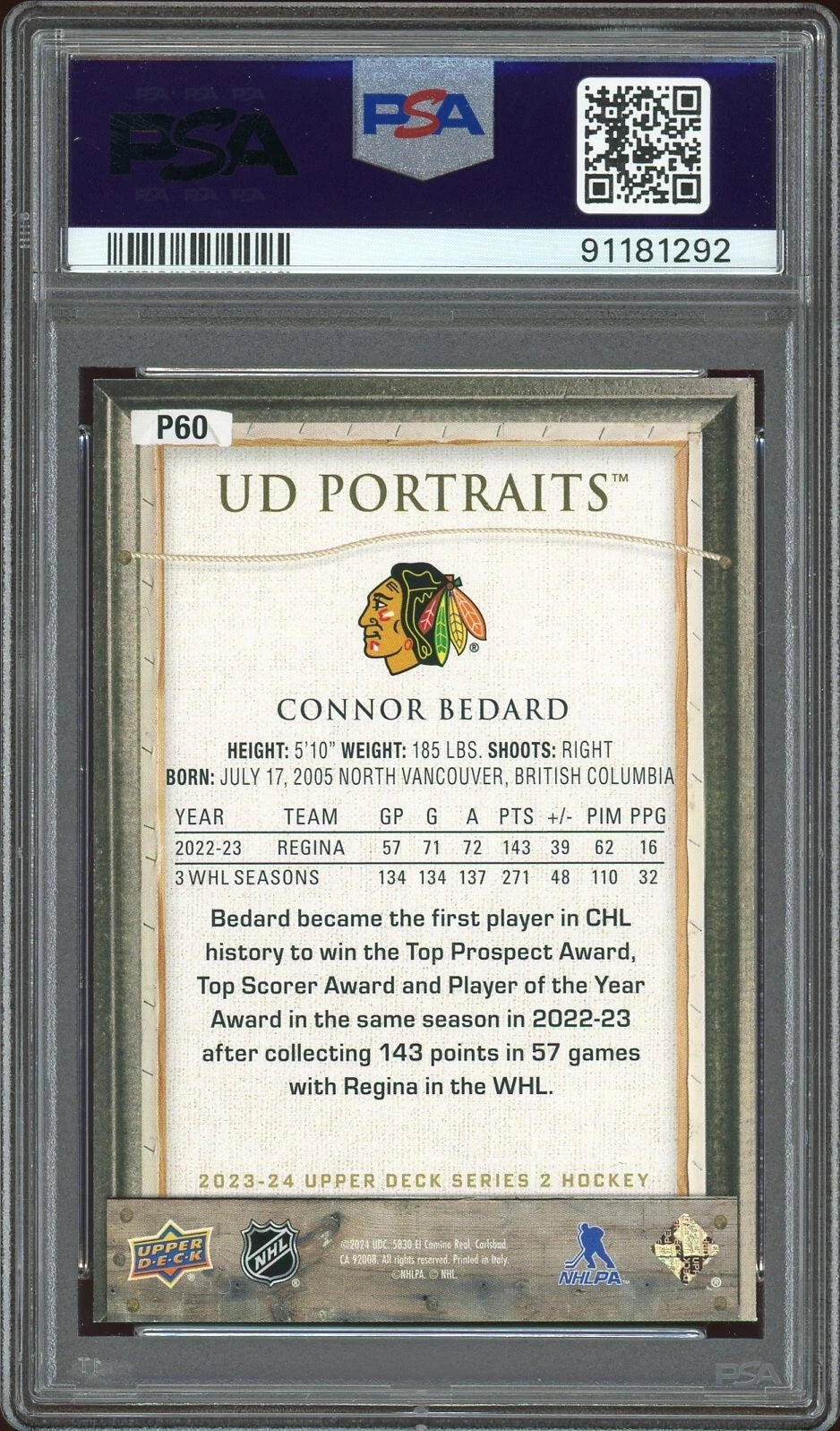 2023 Upper Deck #P60 Connor Bedard UD Portraits PSA 9 Mint