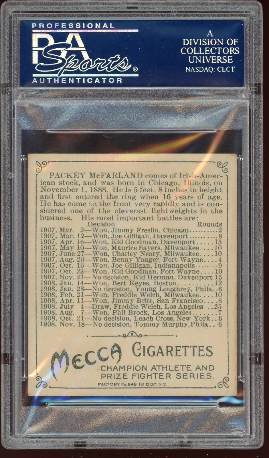 1910 Mecca Cigarettes T218 Packey McFarland PSA 5 EX